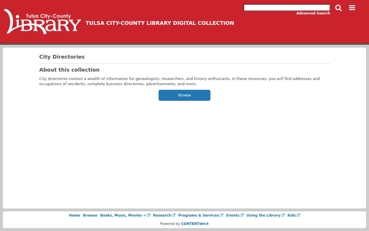 Tulsa County city directory digital collection search page