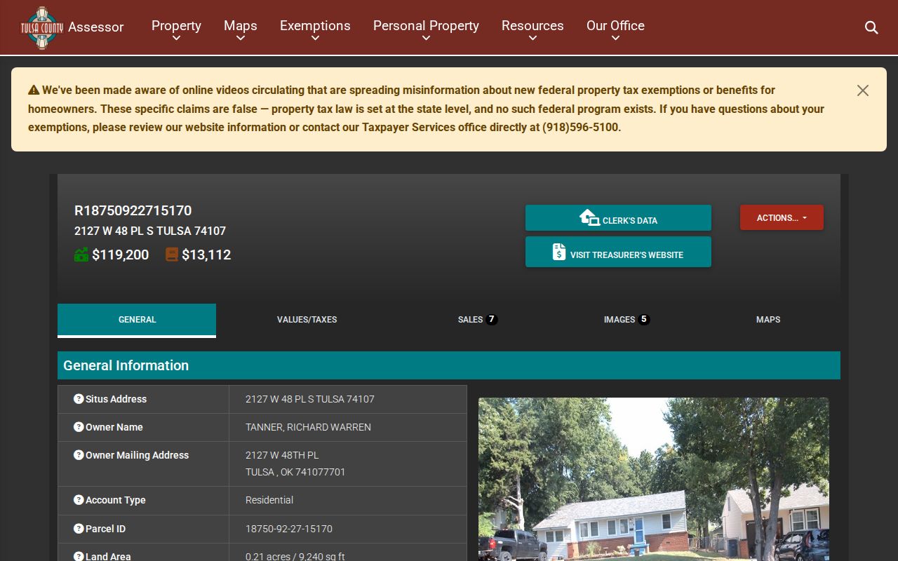 Tulsa County residents directory sample Assessor parcel-card fields