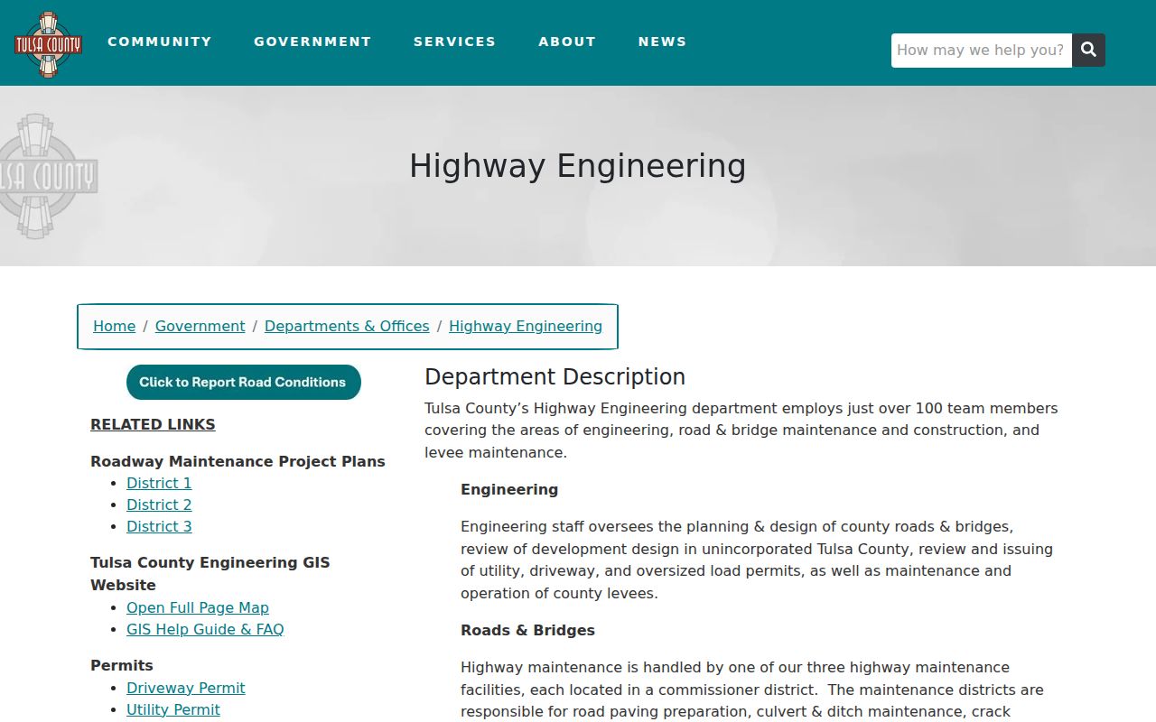 Tulsa County street directory County Engineering GIS entry page